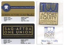 Mickey Rooney Lot of Personally Owned Items From His Acting Career -- Includes Two SAG Membership Cards & an Actors Equity Association Pin